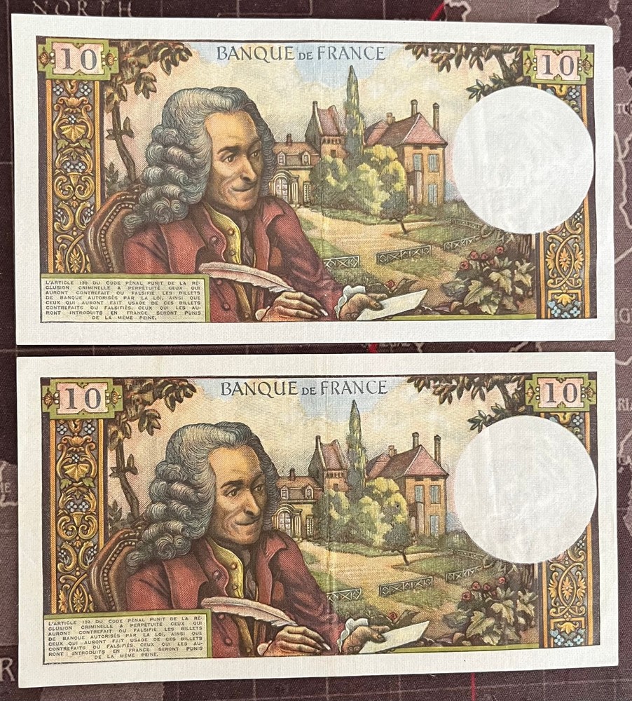 FRANCE 1965 VOLTAIRE 10 FRANC NOTE / 2 SEQUENTIAL NUMBERED NOTES