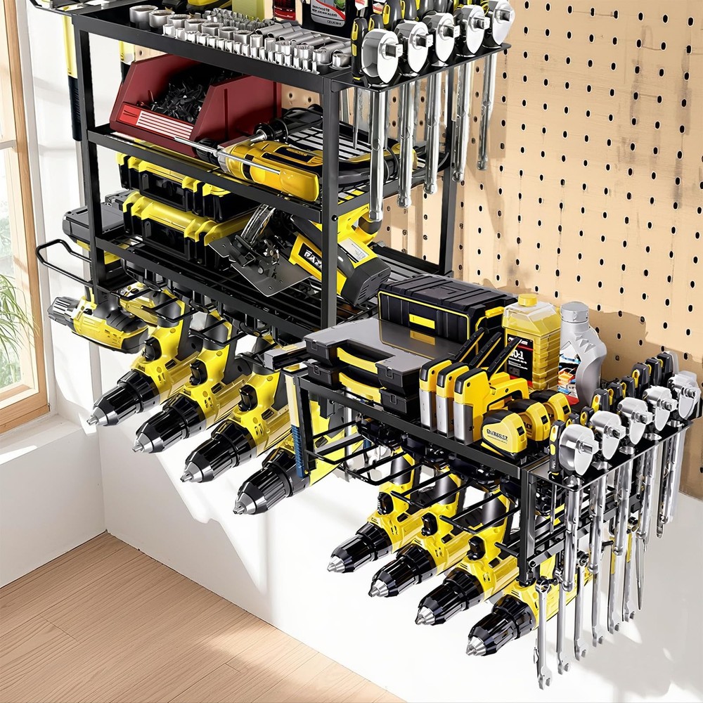 4 Layer Power Tool Organizer Wall Mount, Heavy-Duty Tools Holder with 6 Drill...
