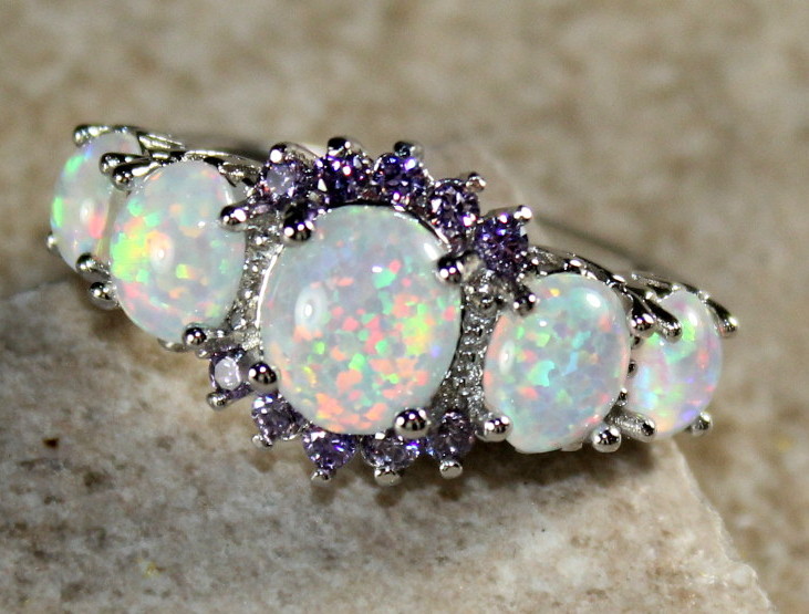 SILVER Elegant White Fire Opal & Purple Amethyst Ring Size 7, WR41601