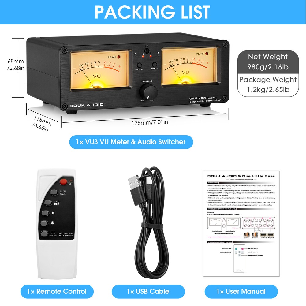 Douk Audio VU3 Amplifier/Speaker Selector Box Dual Analog VU Meter DB Display