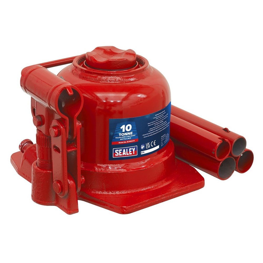 Sealey Bottle Jack 10tonne Low Entry Telescopic Overload Valve 4pc Handle