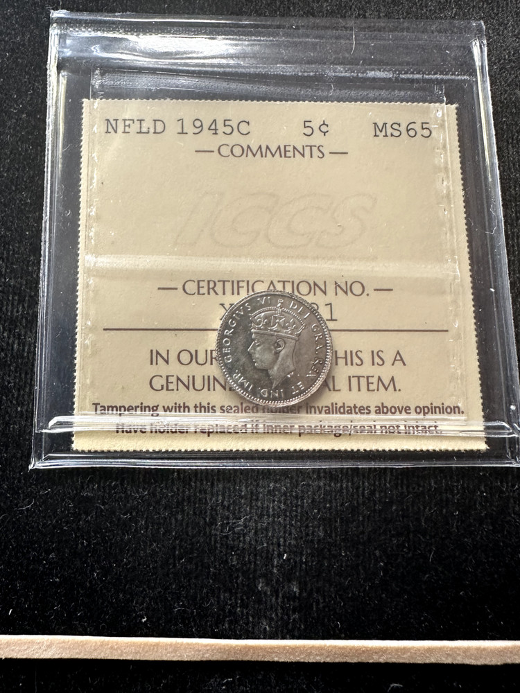 1945c  Newfoundland Silver  ¢5 Cent, ICCS Graded**MS-65** Cert# XZG 381