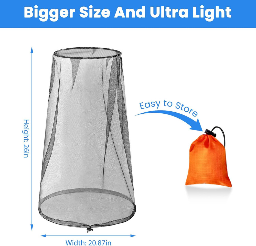 2 Pack Mosquito Head Nets with Drawstring - Ultra Large & Extra Long, Premium Br