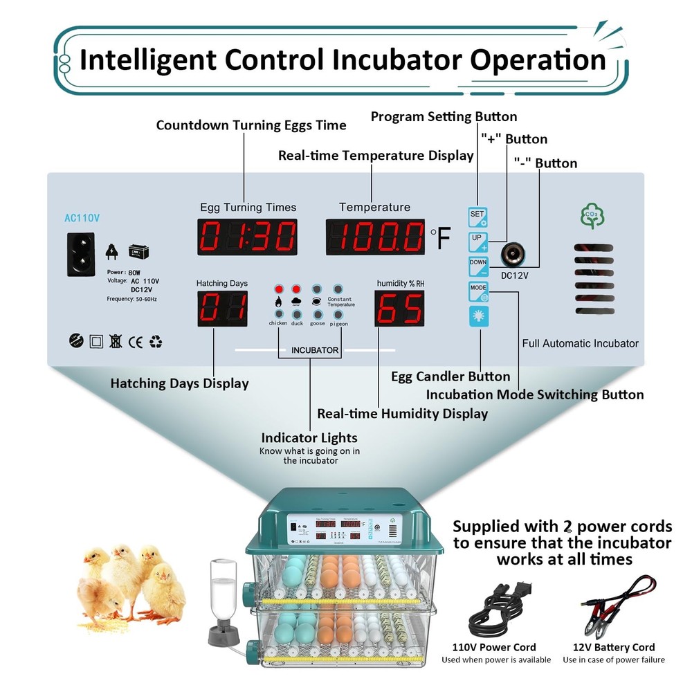Incubators for Hatching Eggs 120, Chicken Egg Incubator with Automatic Egg Tu...