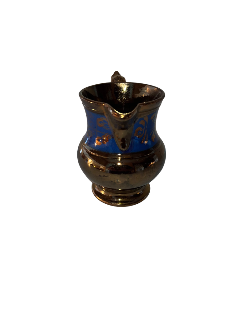 Small Ceramic Gold Metallic and Blue Pitcher Floral Design