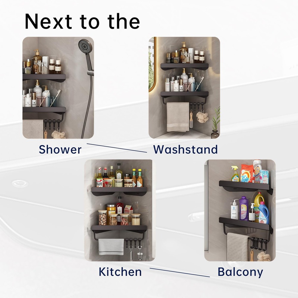 2 Pack Black 2Layer Bathroom Corner Shower Caddy Shelves 4 Hooks Rust Proof