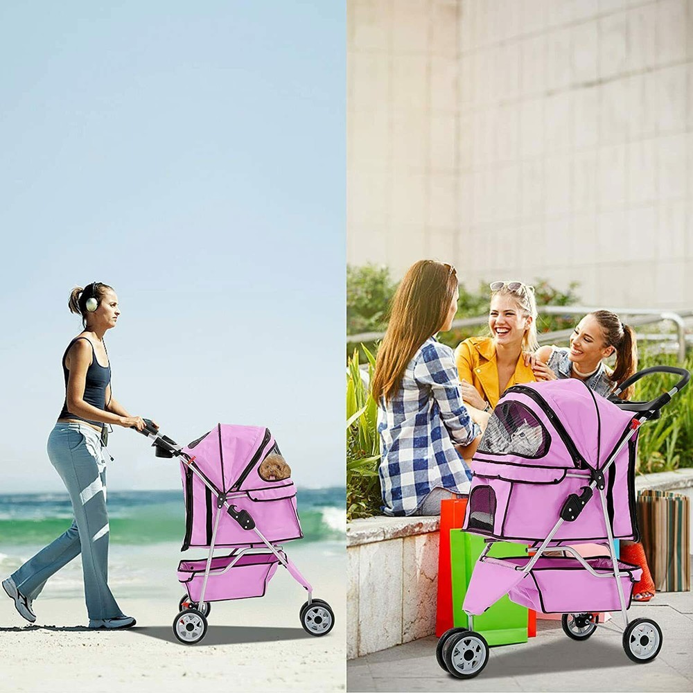 3 Wheels Pet Stroller Folding Cat Stroller w/Durable Wheels Dog Travel Stroller