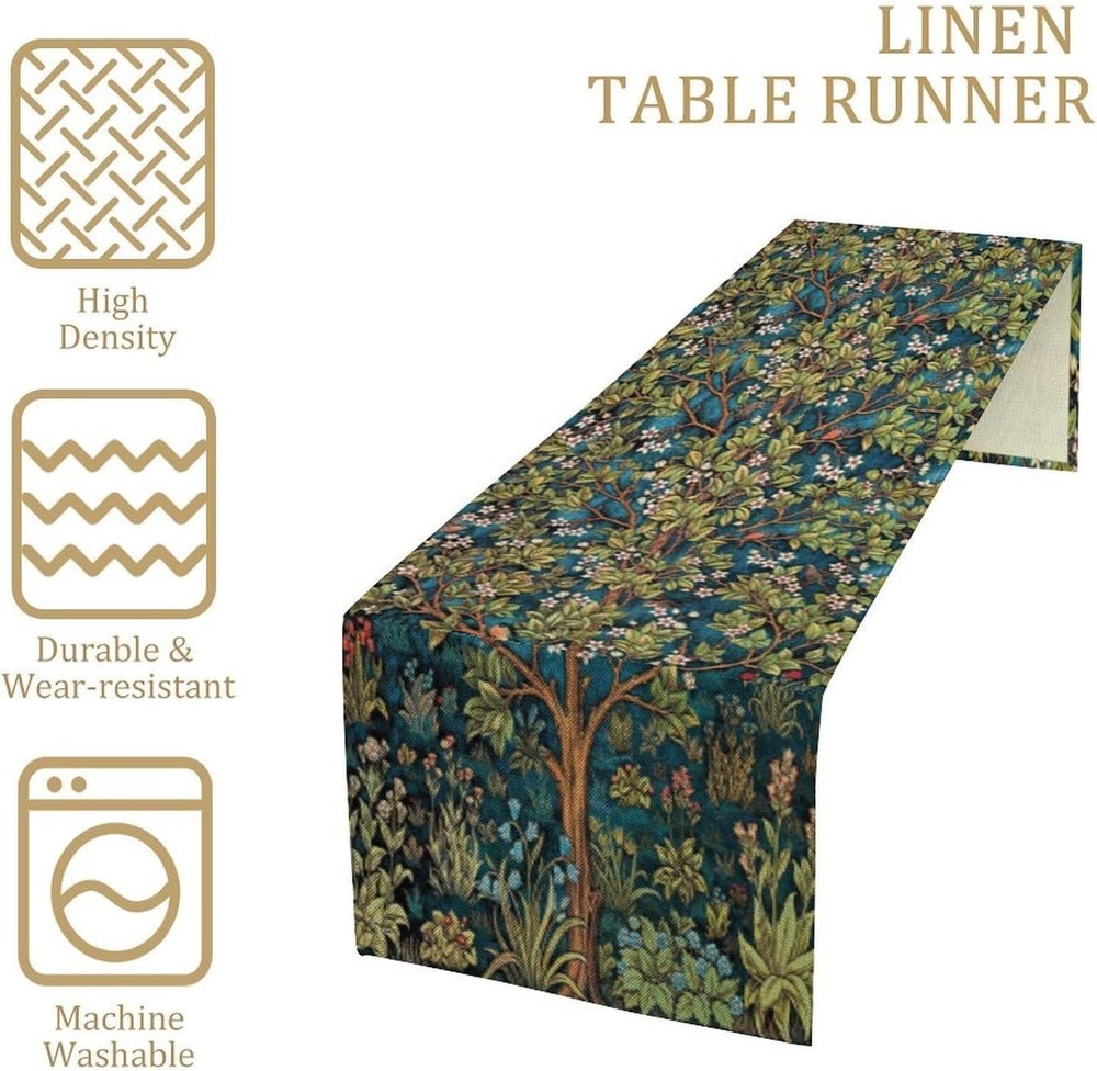 William Morris Floral Table Runner, Vintage Green Botanical Printed Table Runner