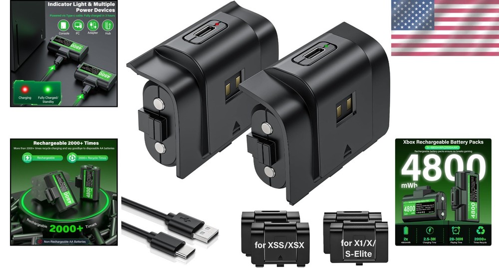 2-Pack Xbox Battery for Series X/S & One Controllers - Fast USB-C Charging