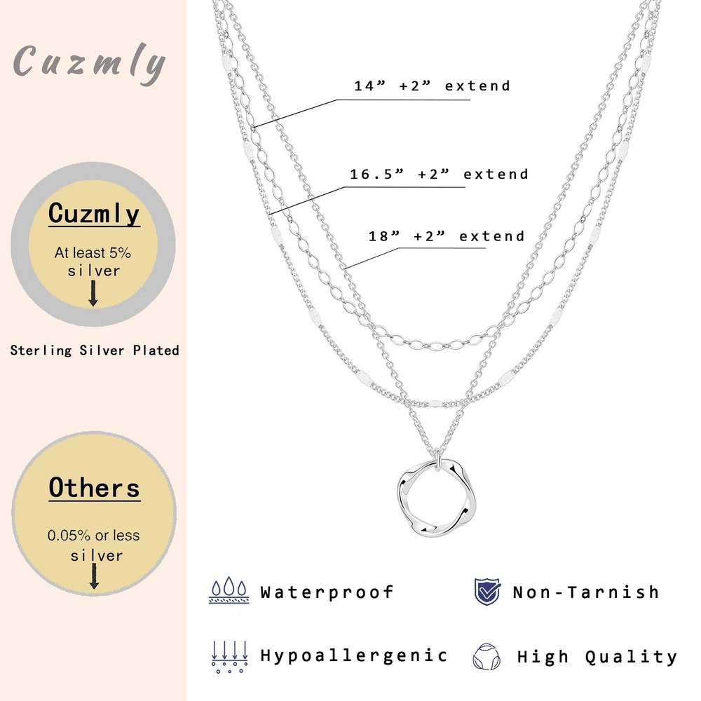 Cuzmly Layered Silver Necklaces for Women, Sterling Silver Stackable Stack Ch...