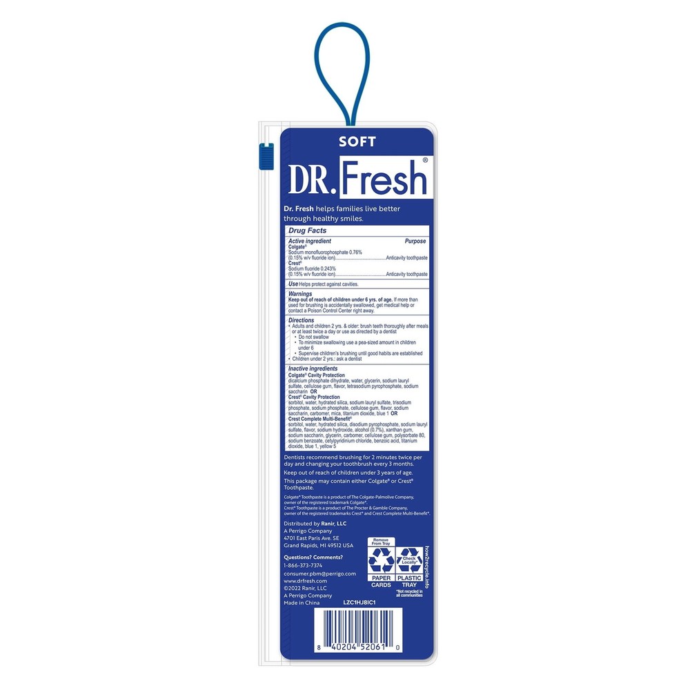 Dr. Fresh Travel Toothbrush Kit w/ Cap & Toothpaste Soft New (2 Pack)