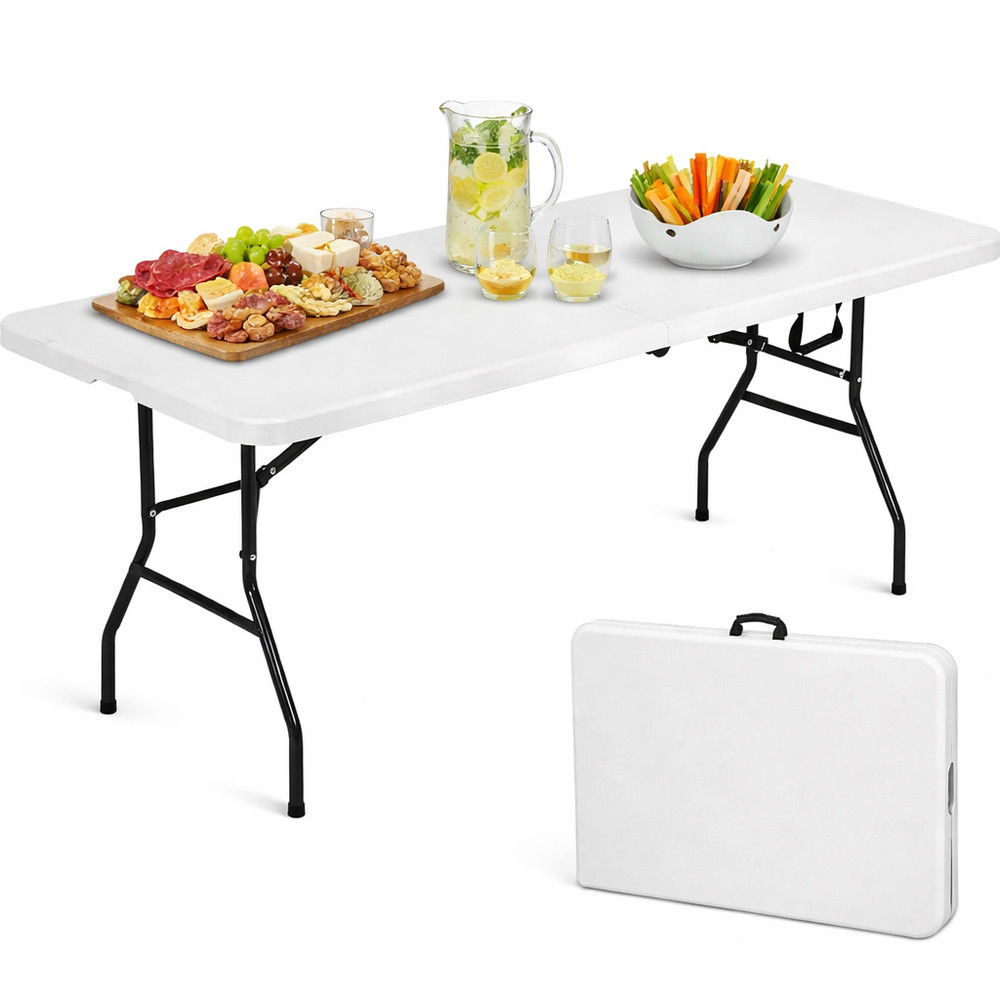 Folding Table 6ft Portable Heavy Duty Plastic Fold-in-Half Utility 6FT, White