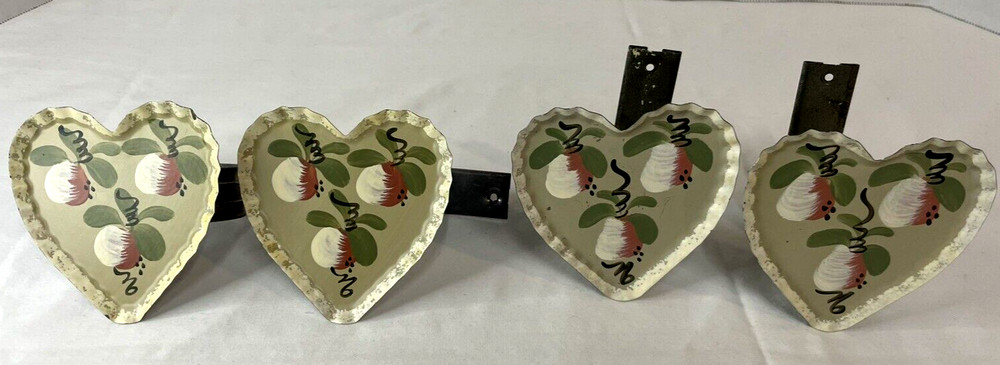 Hand Painted Artist Crafted Tin Heart Curtain Pull Backs Two Sets Cottage Core