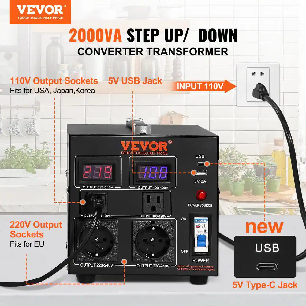 Voltage Converter Transformer 2000 Watt Step Up/Down Transformer 110/220-Volt wi
