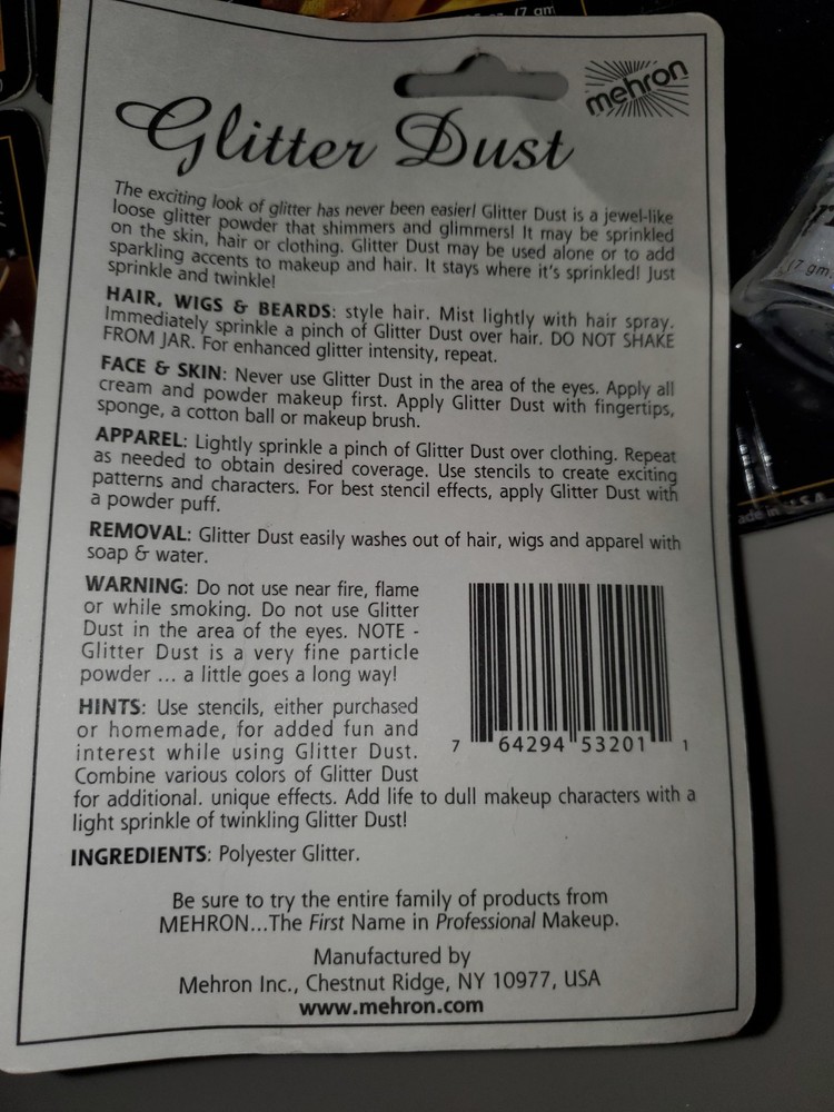 MEHRON MAKEUP GLITTER DUST GOLD SILVER AND WHITE