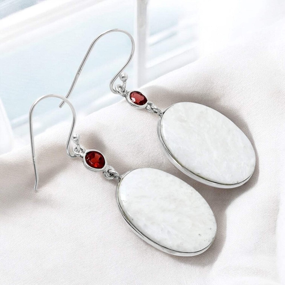 White Scolecite & Garnet Solid 925 Sterling Silver Earrings