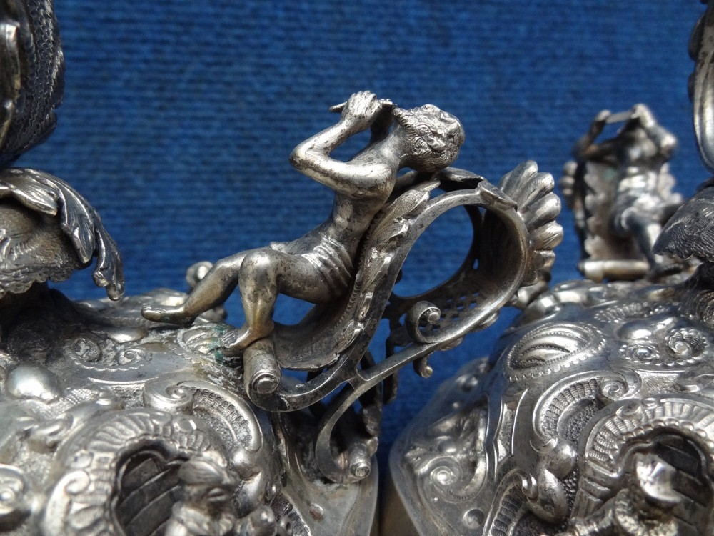 Silver candlesticks (walking) Medieval style 19-20th C. C-scroll Pan with flute