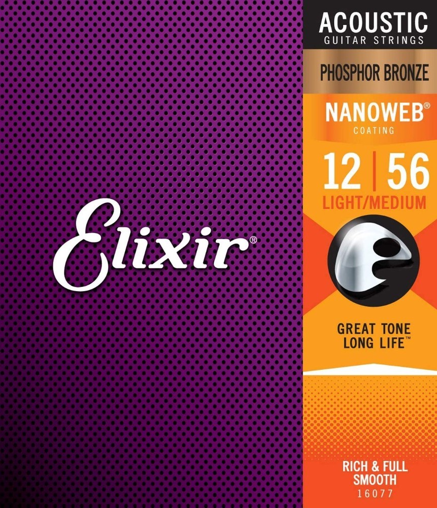 Elixir Phosphor Bronze Acoustic Guitar Strings NANOWEB Light/Medium .012-.056