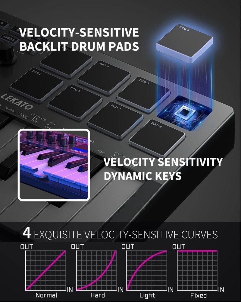 LEKATO USB 25 Key MIDI Keyboard Controller Bluetooth 8 RGB Backlit Trigger Pads