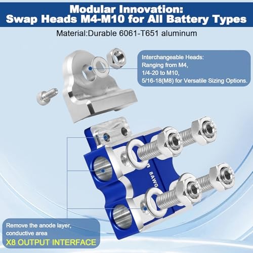 8-Way Battery Terminal Connectors with Bolt Down Ends or Threaded Studs, 8w