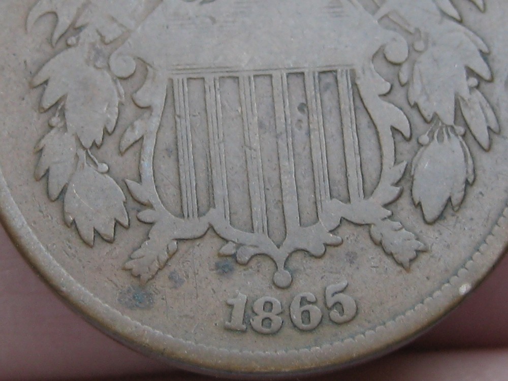 1865 Two 2 Cent Piece- Plain 5, Chocolate Brown, Good Details