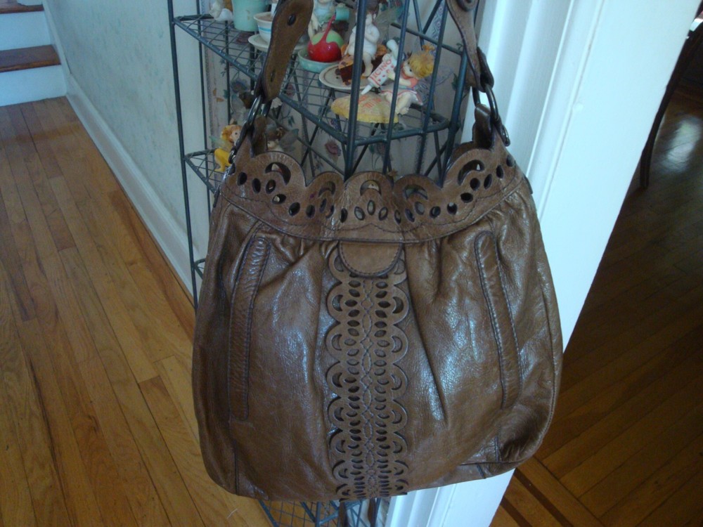 FAB LOCKHEART MOO1964 SOLID BROWN TOOLED LEATHER SHOULDER TOP HANDLE SATCHEL