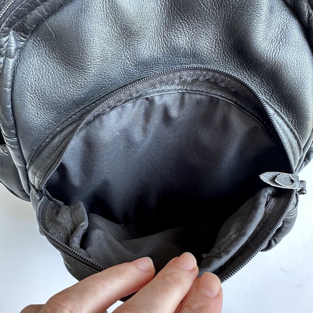 Expandable Black Leather Backpack w/Many Pockets