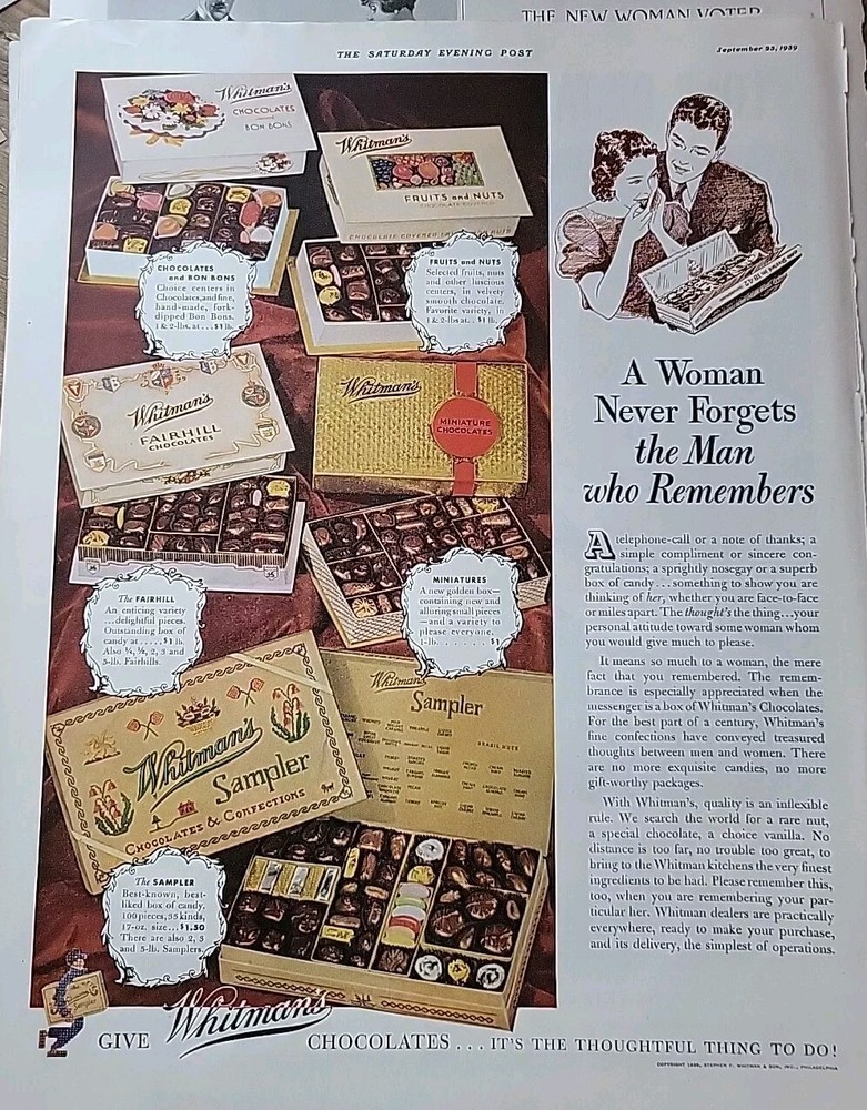 1939 Whitman's Sampler Fairhill Fruit Nuts Box chocolate candy Vintage Ad