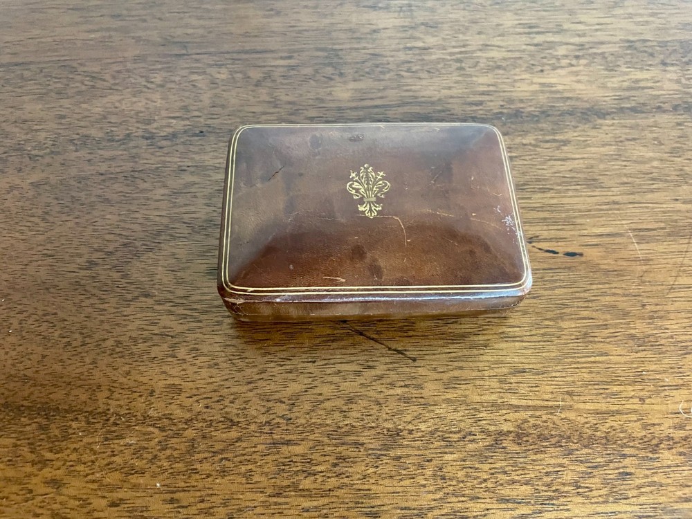 Leather Wrapped Box Early 20th C. w/ Gilded Fleur-de-lis