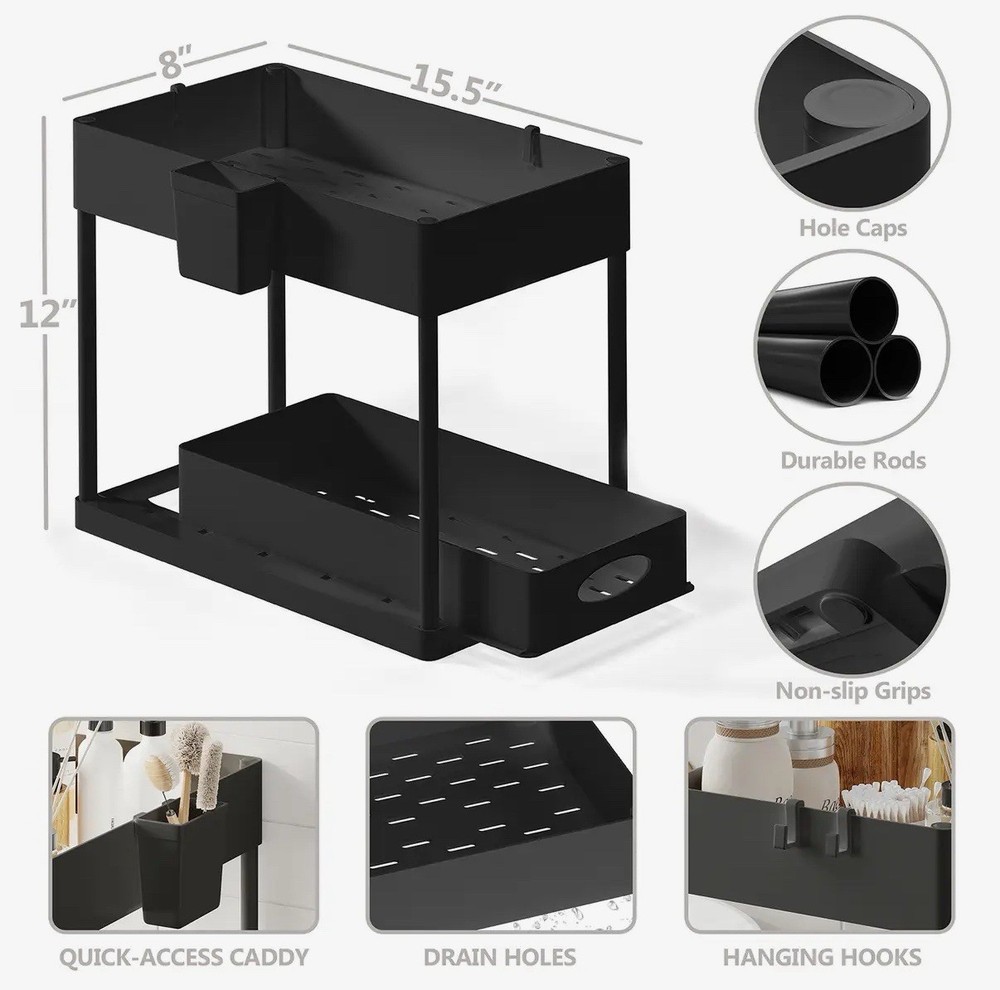 2-Tier Black Sliding under Sink Organizer Storage Cabinet Basket Drawer
