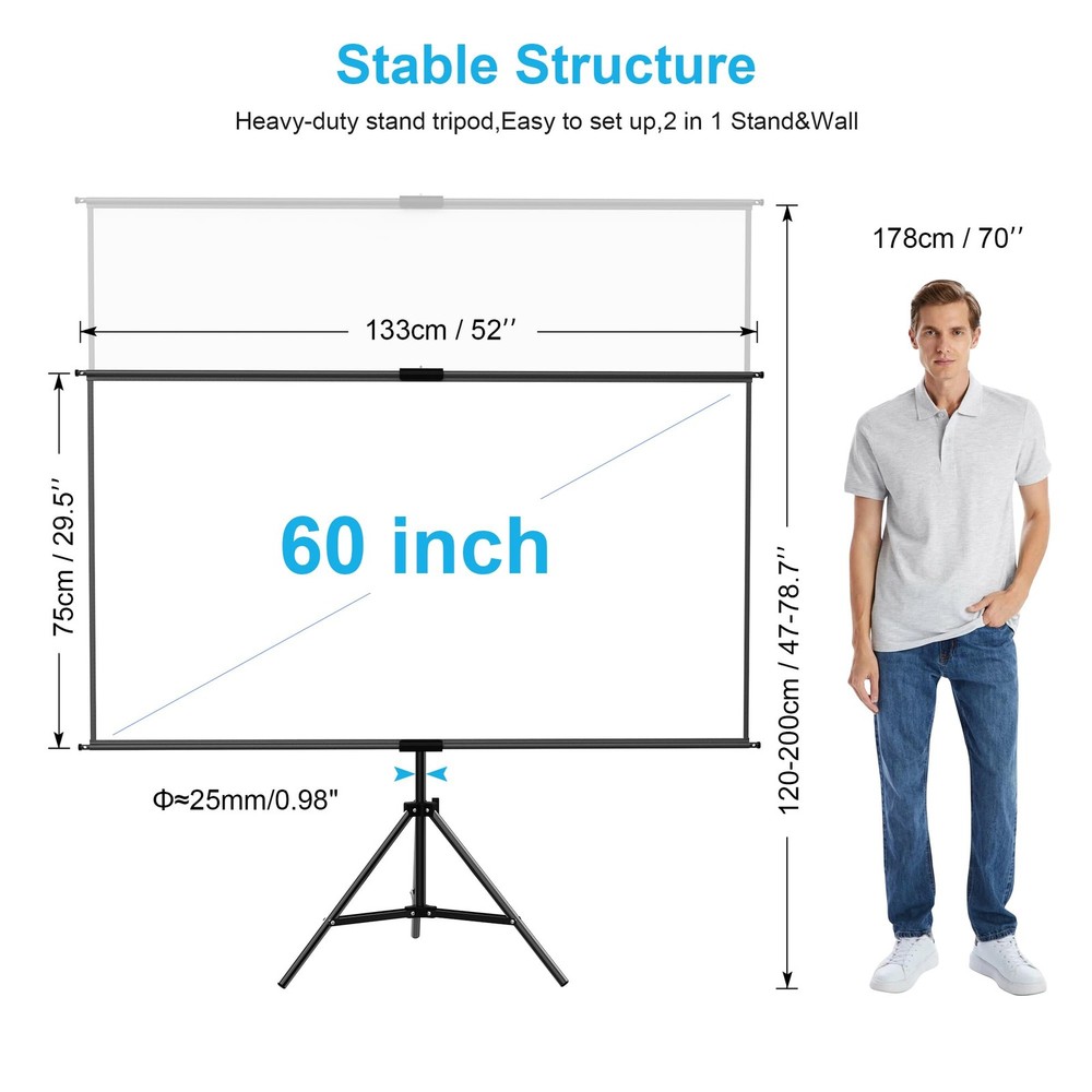 60 Inch Portable Projector Screen with Tripod Stand, Compact Mobile Projectio...