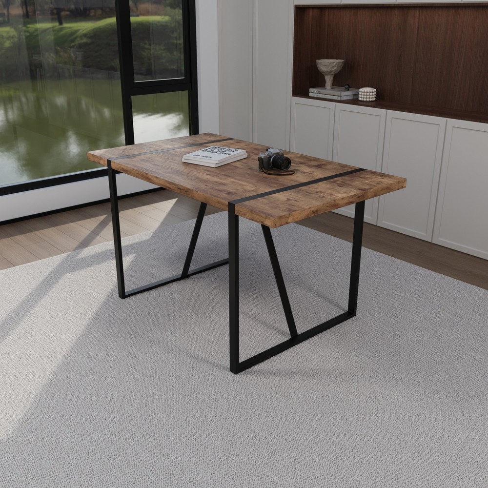 55 " dining table modern rural industrial rectangular MDF dark wood, 4-6 peopl