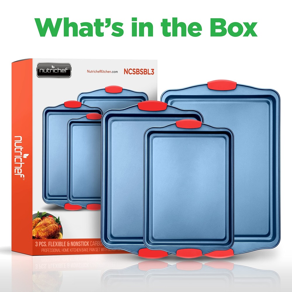 NutriChef Nonstick 3-Piece Baking Pans Set – (Blue)