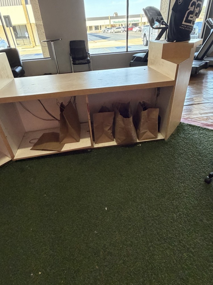 Light Wood Reception Desk with Open Storage, Multiple Workstations