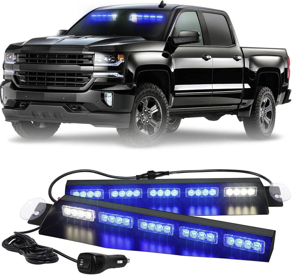 34 Inch Blue Emergency Visor Lights Bar Interior Front Windshield Strobe Lights