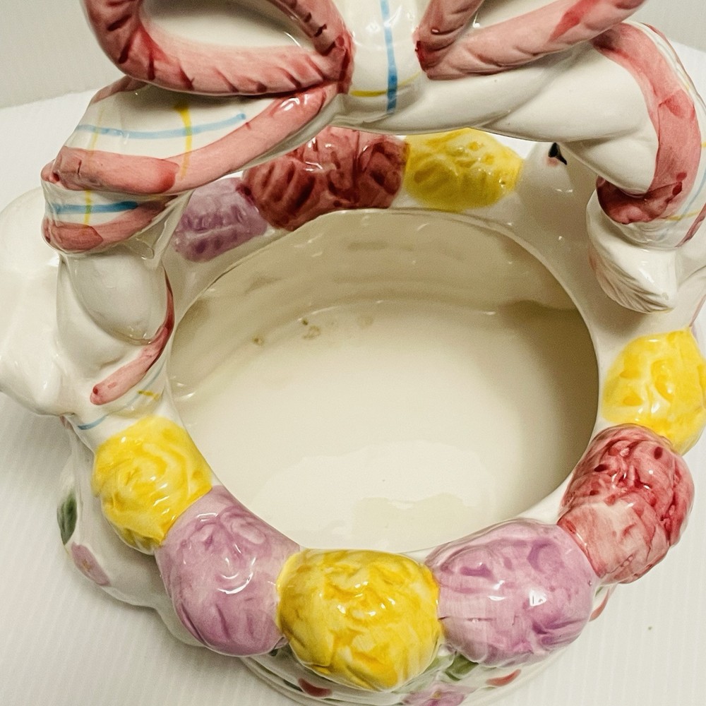 Ceramic Easter Egg Basket with Bow Handle Spring Bouquet and 2 Bunnies/Rabbits.