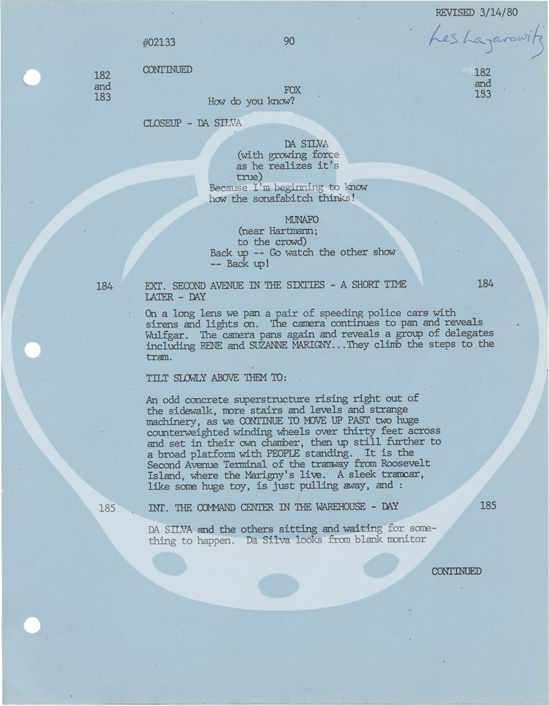 Billy Dee Williams Sylvester NIGHTHAWKS HAWKS Original screenplay for #161661