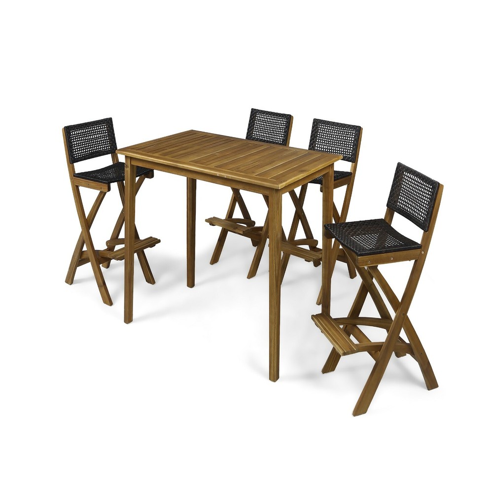 Elizabeth Outdoor 45" Rectangular 5 Piece Wood and Wicker Bar Height Set