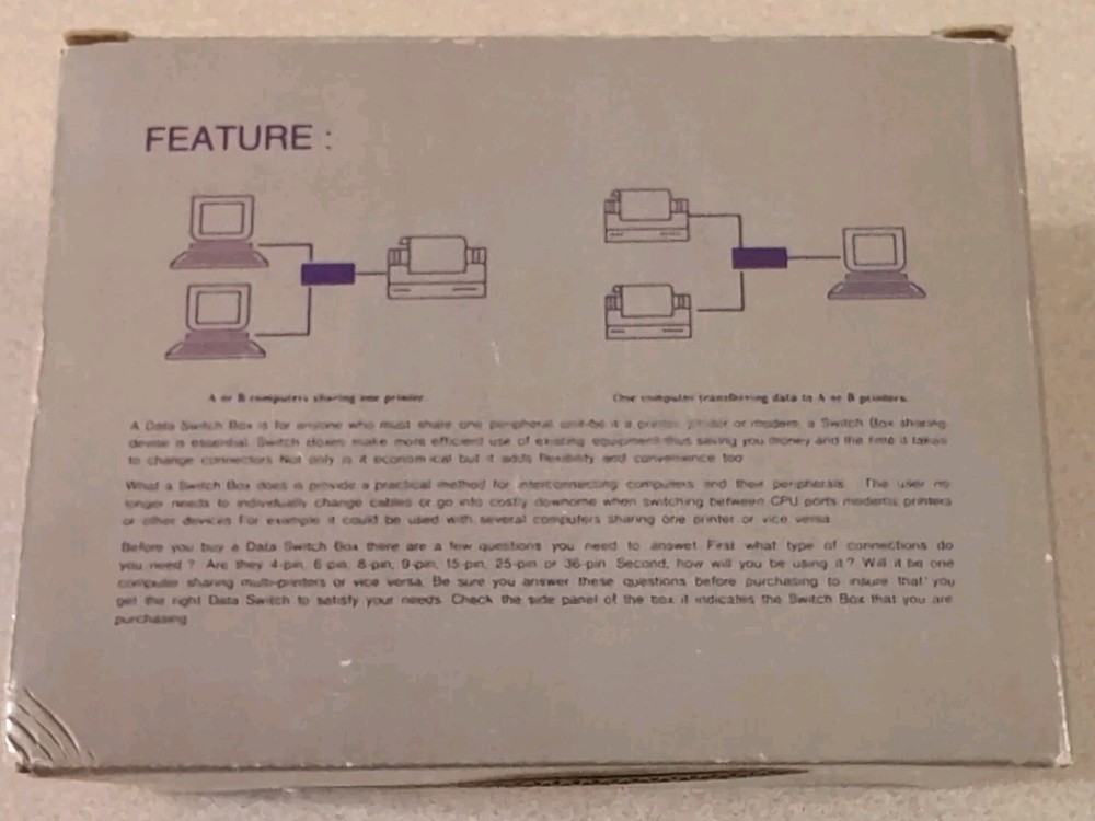 Manual Data Switch For 2 Parallel Port Printers / Devices, New in Box, Free Ship