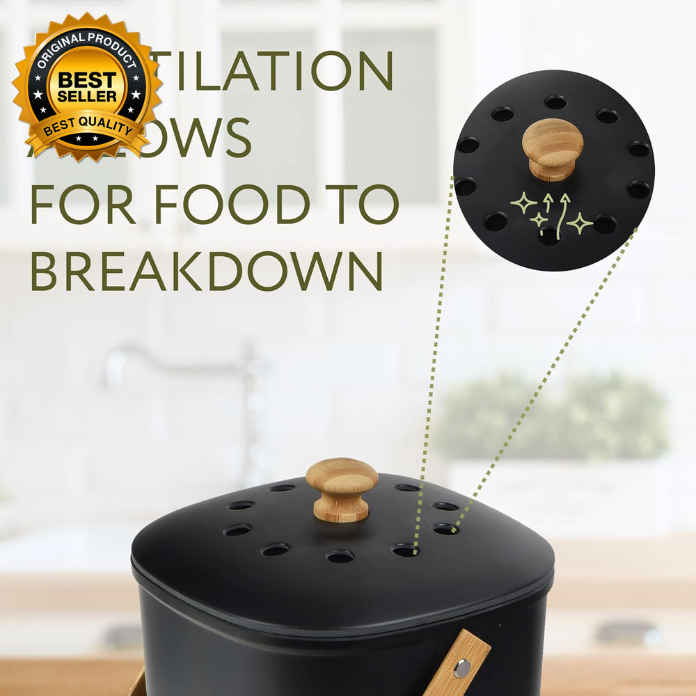 2 Pack Bamboo Compost Bin for Kitchen – 1 Gallon Countertop Container with Lid