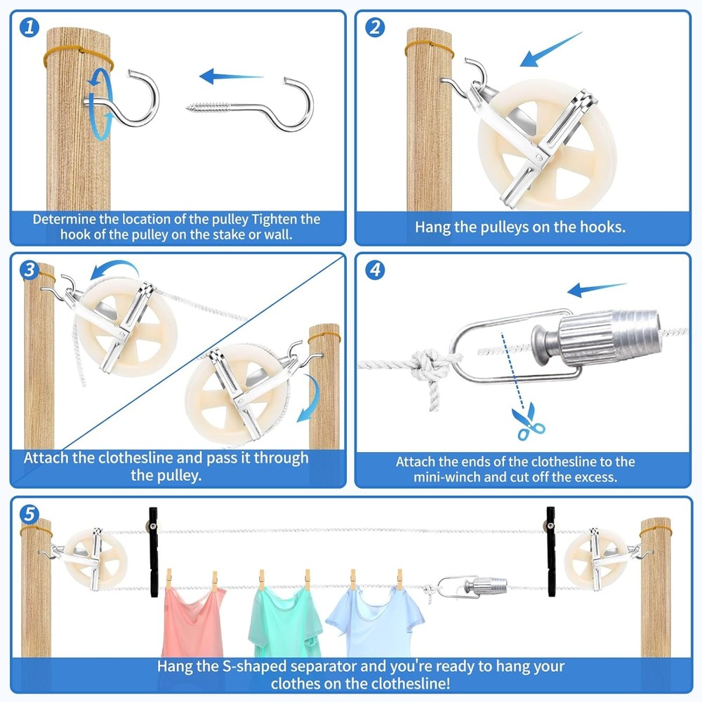 Clothes Line Outdoors, Clothes Line Pulley Kit Include 164ft Polyester