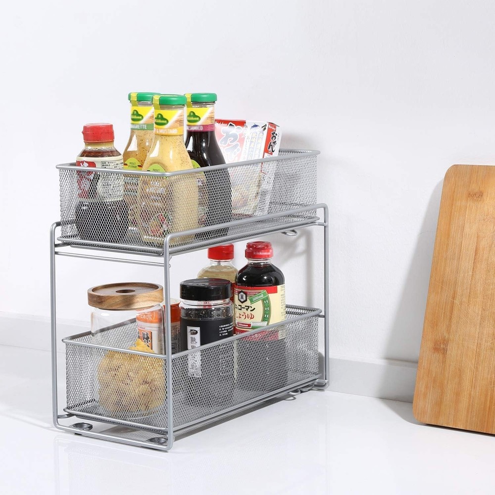 2 Tier Sliding Basket Stackable Cabinet Pull-Out Drawer Mesh Organizer for Ki...