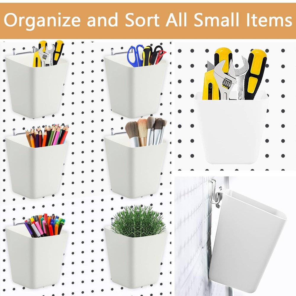 6Pack Pegboard Cups, Large Square Bins with Hooks, White, Polypropylene (PP),...