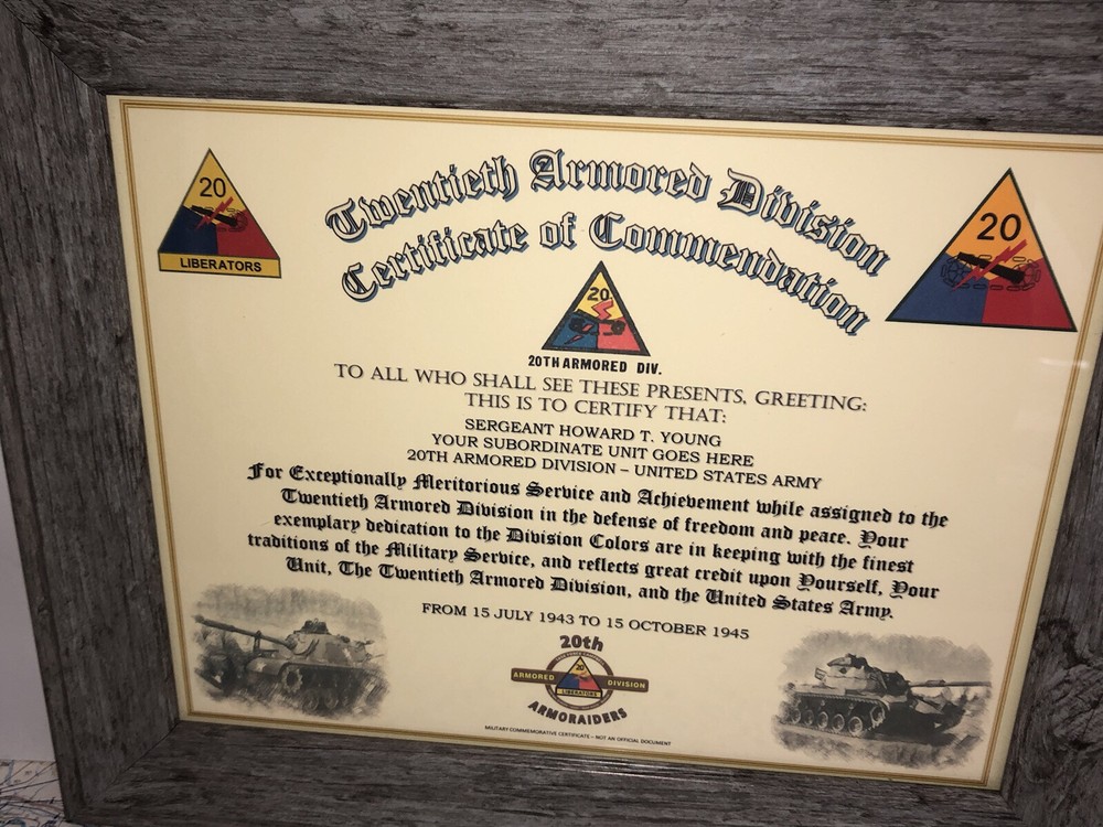 20TH ARMORED DIVISION / COMMEMORATIVE - CERTIFICATE OF COMMENDATION