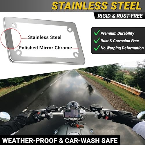 Premium Motorcycle Mirror License Plate Frame, Rust-Free Stainless Chrome