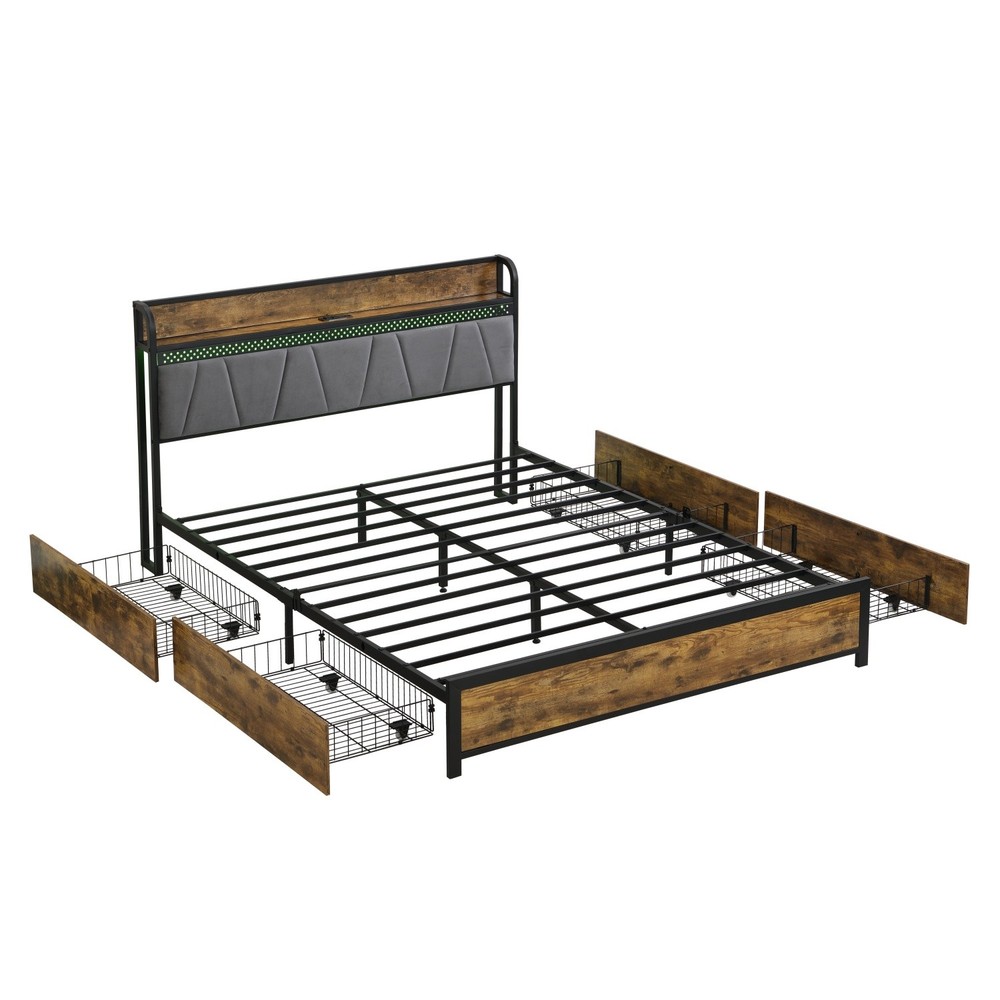 Full/Queen Size Platform Bed Frame w/ 4 Drawer & Storage Headboard & LED Lights
