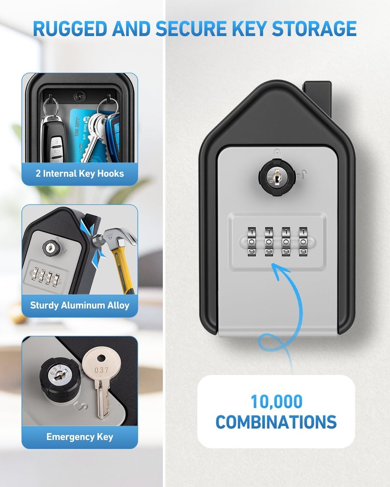 Wall Mounted Lock Box, Large Key Lock Box with Key, 4-Digit Combination Lock,...