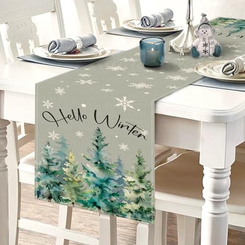 Hello Winter Pine Tree Grey Dining Table Runner, Watercolor Snowflake Burlap