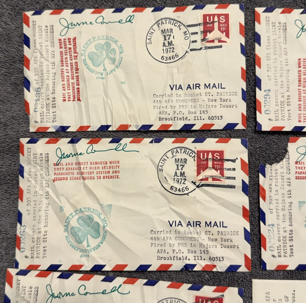 1972 St. Patrick MO Rocket Mail covers (7) + INTERPEX card + 12 labels, crash