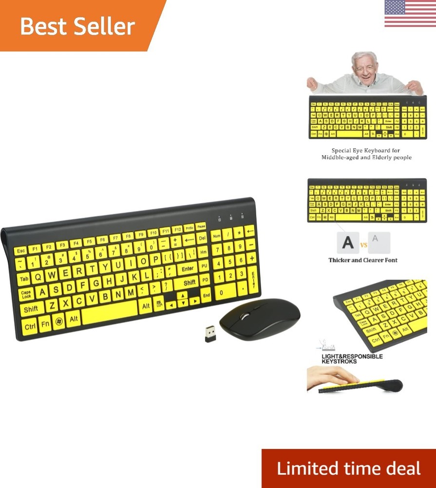 Large Print Wireless Keyboard & Mouse Set for Easy Typing - Ideal for Low Vision